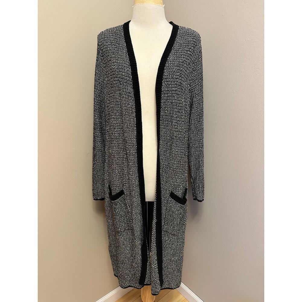 J. Jill  Long Open Front Cardigan Black/White Pockets Size Large Petite